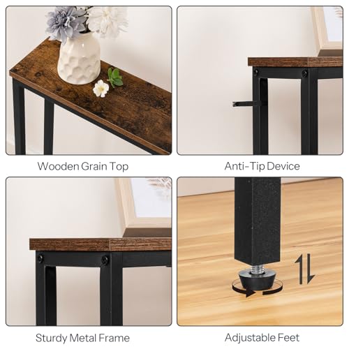HOOBRO Extra Narrow Console Table with Power Outlets, Skinny Entryway Table for Living Room, 160 cm Slim Behind Couch Table, Thin Sofa Table for Hallway, Foyer, Rustic Brown and Black EBF165KXG01