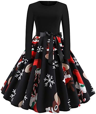 Seaintheson Christmas Dress for Women, Women's Vintage Print Long Sleeve Evening Party Swing Gown Dress with Belt
