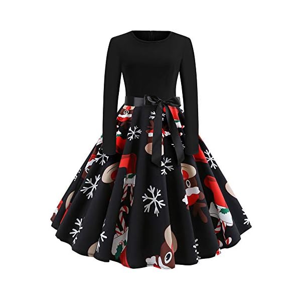 OSTELY Women's Dresses, Christmas Vintage O-Neck Print Long Sleeve Evening Party Swing Pleated Dress (Black,XX-Large)