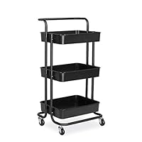 alvorog 3-Tier Rolling Utility Cart Storage Shelves Multifunction Storage Trolley Service Cart with Mesh Basket Handles and Wheels Easy Assembly for Bathroom, Kitchen, Office (Black)