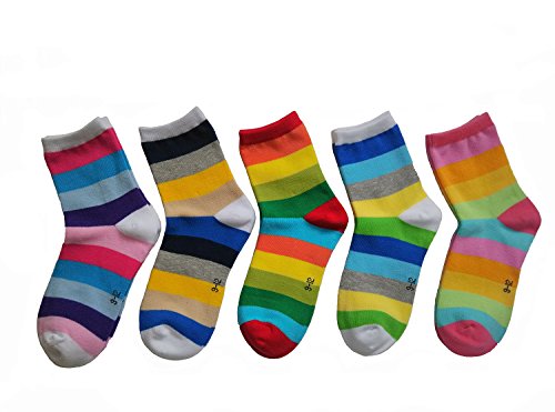 Boys Girls 5 Pack Colorful Stripes Rainbow Crew Socks (3-5T, Rainbow Pack of 5)
