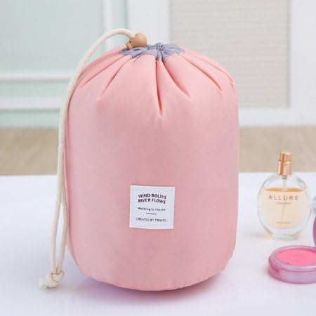Barrel Shaped Round Cosmetic Makeup Organizer Travel Drawstring Closure Bag | Nylon Cosmetic Bag (Pink)