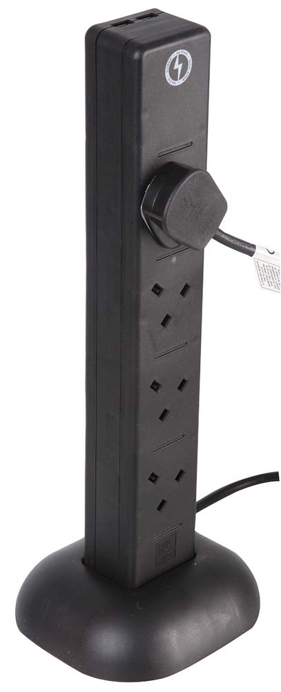 PRO ELEC PEL00133 – 8‑Gang Surge Protected Tower Extension Lead with USB, 2 m, Black