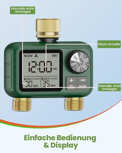 2 Way Water Timer with Brass Input and Outlet, Large LCD Display, Automatic Watering for Garden, Programmable Irrigation, Simple Use, Rain Delay Manual Watering