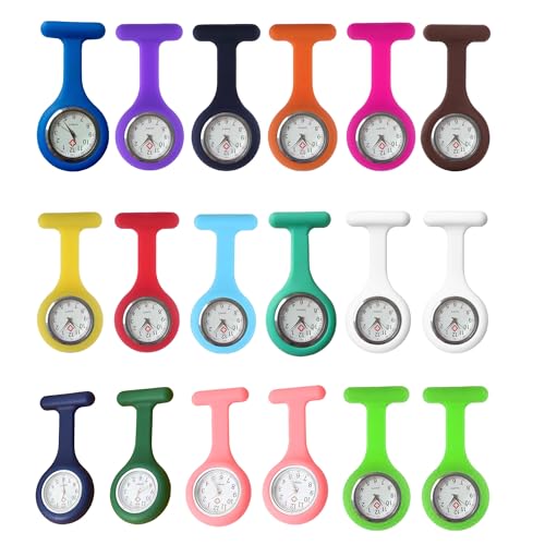 18 Pcs Clip on Nurse Watches for Women Men, Silicone Lapel Pin Pocket Fob Stethoscope with Second Hand Doctor Pocket Lapel Clip On Watches for Week Doctor Nurse Graduation Xmas Birthday Gifts