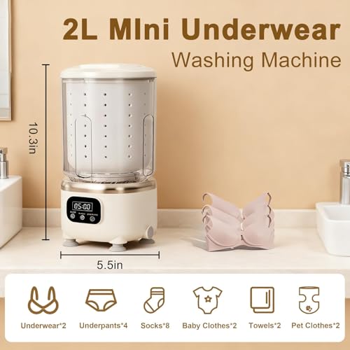 Mini Washing Machine with Dryer Portable, 2L Underwear Washer, Rechargeable Wireless Washing-Machine, Laundry Cup for Bra, Underwear, Socks (Beige)