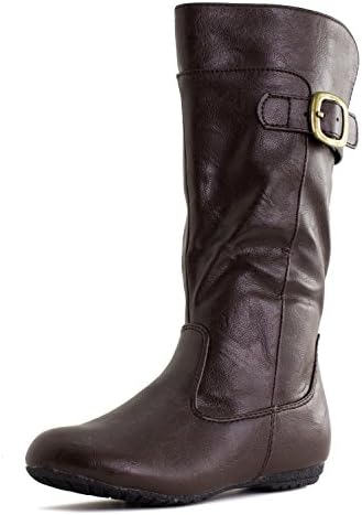 Girls Faux Leather Zipper/Buckle Mid Calf Boots, Brown, 1 M US Little Kid