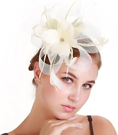 Feather Fascinators Hat Sinamay Headware Bridal 1920s Headpiece for Women and Girls (Beige)