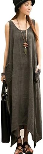 Jewelryfinds Women Casual Boho Dress Maxi Loose Long Sleeve Cotton Linen Vest Singlet Dress