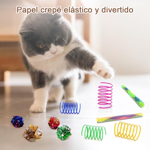 SORALEK Kit de 24 Juguetes para Gato, Incluye Tunel para Gato de 120cm, Palo Guía, Pelotas, Ratones y Mas, Juguetes para Gatos Interactivos