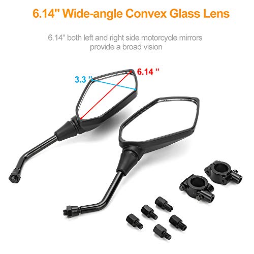 Universal Motorcycle Mirrors ATV Rear View Side Mirrors for 7/8" Handlebar with 10mm/8mm Clockwise & Counterclockwise Threaded Mounting Bolt