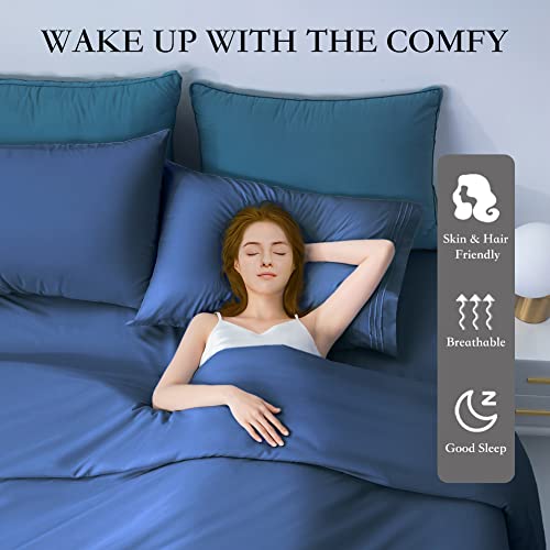 LIANLAM Queen Bed Sheets Set - Super Soft Brushed Microfiber 1800 Thread Count - Breathable Luxury Egyptian Sheets 16-Inch Deep Pocket - Wrinkle and Hypoallergenic-4 Piece(Queen, Navy Blue)