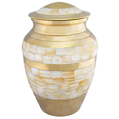 Cremation Urns for Human Ashes Adult, Funeral Urn for Women - Handcrafted in Brass - Display Burial At Home or in Niche at Columbarium ( Mother of Pearl Golden, Large Metal Urn for Ashes Adult - Thumbnail 3