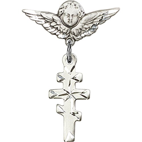 Sterling Silver Baby Badge with Greek Orthadox Cross Charm and Angel w/Wings Badge Pin 1 X 3/4 inches