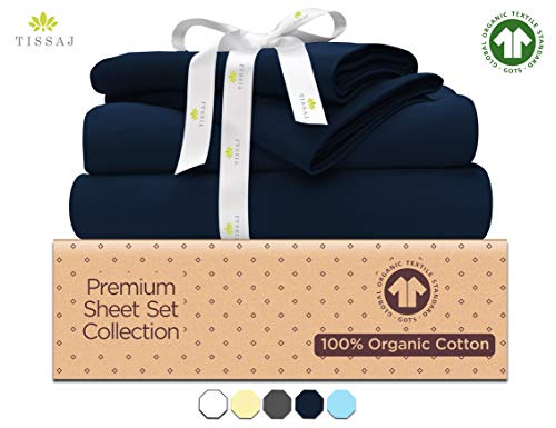 500-Thread-Count Organic Cotton Bed Sheets-Set - 500TC Full Size Navy Blue - 4 Piece Bedding - 100% GOTS Certified Extra Long Staple, Soft Sateen Weave - Fits 14 Deep Pocket Mattress