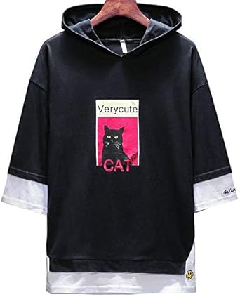 Amazon Keumerメンズ パーカー Tシャツ 半袖 七分袖夏服 おしゃれ 猫 可愛い メンズシャツ 快適 サイズ大きめ ロング丈 韓国風 速乾性 通気性 ファッション カジュアル 黒 白 ブルー グレー グリン トレーナー パーカー 通販