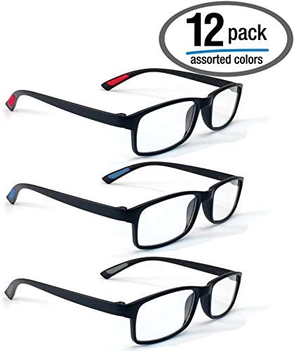 12 Pack Reading Glasses by BOOST EYEWEAR, Ultra Lightweight, Matte Black Rectangular Frames, with Non-Slip Cushion Inserts in 3 Accent Colors, for Men and Women, MATTE BLACK, 12 Pairs (+1.25)