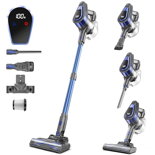 Cordless Vacuum Cleaner, 300 W Powerful Wireless Vacuum Cleaner, 45 Min Autonomy, Anti-Tangle Brush, Removable Battery, Bagless Vacuum Cleaner with LED Screen for Carpet Pet Hair Hard Floor (B)