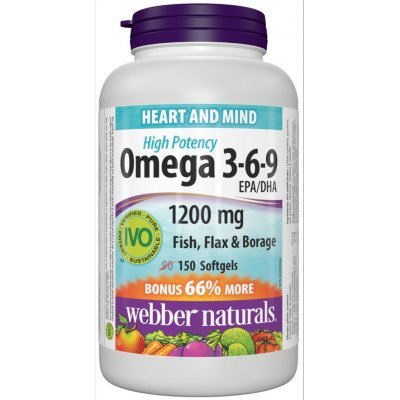 Webber Naturals Omega 3-6-9 Flaxseed, Fish &amp; Borage Oils 1200 mg, 150 softgels Bonus Size