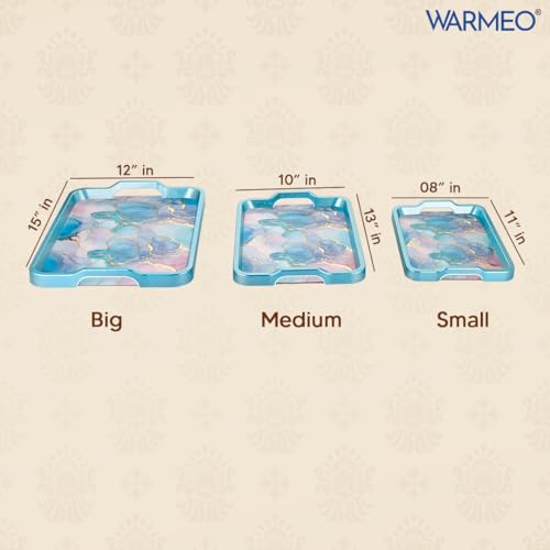 WARMEO Royal Wooden Serving Tray Set |Multipurpose Decorative Trays|Premium MDF Resin Tray l Rectangular | Set of 3| Serene Ocean 1
