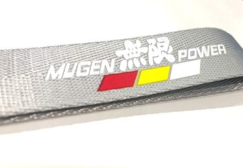 無限 Mugen Power (Print) Japan JDM Logo Emblem Badge Premium Nylon Webbing Silver Strap Keychain Key Chain with Lobster Clasp Closure Steel Spring Clip Lanyard Accessories