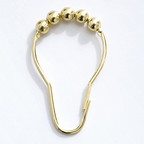 Shower Curtain Hooks Rings, Brushed Gold Decorative Rust Proof With Roller For Bathroom, Wardrobe, Closet, Bathtub, 100% No Rust, Set Of 12 Rings, By Mystic Home.