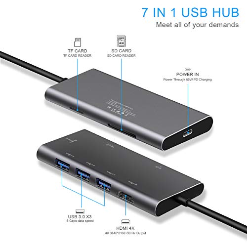 USB C Hub,Premium Type-C Adapter 7 in 1 USB-C Dock with 4K HDMI Output, PD Charging,SD Card Reader 3 USB 3.0 Ports for MacBook,Google Chromebook, Windows Surface Pro and More USB C Devices