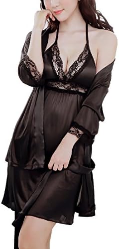 Women's Elegant Faux Silk Sleepwear Sleepshirt 2 Pcs Robe and Dress (black)