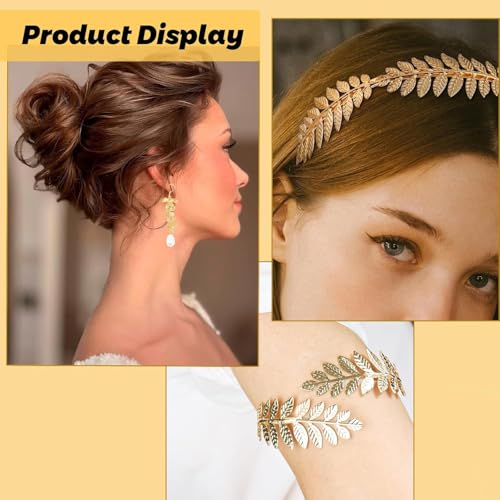 5 Pieces Greek Goddess Costume Accessories Set, Greek Goddess Accessories With 1 Pcs Golden Leaf Crown Headband, 2 Pcs Dangle Earrings and 2Pcs Armband Bracelet for Bridal Bridesmaid Wedding Party