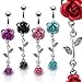 SBJ-0001 Stainless Steel Navel Ring w/Metal Rose & Rose Dangle; (Red)