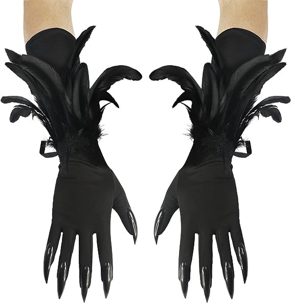 YWINETO Halloween Costume Witch Long Nail Gloves Feather Cat Woman Claw Gloves Gothic Feather Cuffs Paw Gloves Cosplay Demon Gloves Wristband Elbow Gloves Carnival Fancy Dress Black