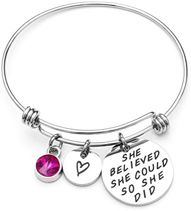 AISHOW She Believed She Could So She Did Inspirational Birthstone Charm Expandable Stainless Steel Bangle Bracelet - Birthday Gifts for Women Girls (10-October Rose)