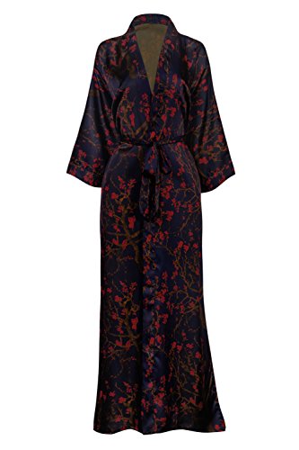 Old Shanghai Women's Kimono Robe Long - Watercolor Floral, Yurina- Navy