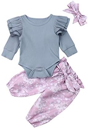 Infant Toddler Baby Girl Clothes Ruffle Romper Long Sleeve Floral Bowknot Pants Bodysuit Outfit Sets