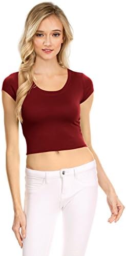 Womens Basic Short Sleeve Scoop Neck Crop Top - USA, T1029, XXX-Large, Burgundy