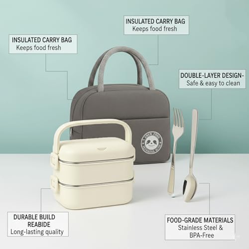 BitBloom Stainless Steel Lunch Box - 1400ml 2 -Layer Bento Box with Insulated Bag, Spoon & Fork, Leakproof, BPA-Free, Dishwasher Safe - Ideal for Kids & Adults, Office, School, Travel (Cream White)