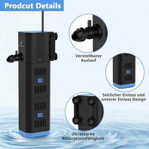 fishkeeper Aquarium Filter, Adjustable 500L/H Aquarium Internal Filter for 30L-120L Aquariums, 4-in-1 Aquarium Pump with Filter, Oxygen, Wavemaker, Filter Sponge (6W (500L/H, ≤120L))