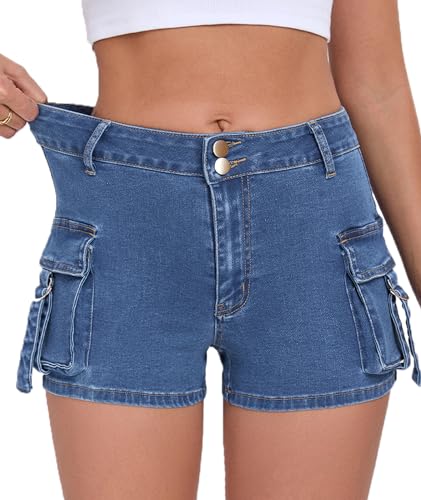 Aotasely Women's Denim Mini Cargo Shorts Casual Mid Rise High Stretchy Jean Shorts Sexy Booty Jorts with Pockets Y2K Medium Blue at Amazon
