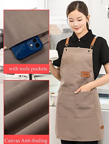 Beauenty Chef Aprons, Cotton Canvas Cross Back Apron with Large Pockets for Women and Men, Heavy Duty Adjustable Cooking Apron, Work Waterproof Bib Apron for Cooking Baking Gardening
