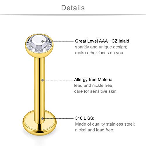 SCERRING 6 Pairs 14G Stainless Steel 2mm 3mm 4mm Clear CZ Internally Threaded Labret Monroe Lip Earring Ring Body Piercing Jewelry 10mm - Gold