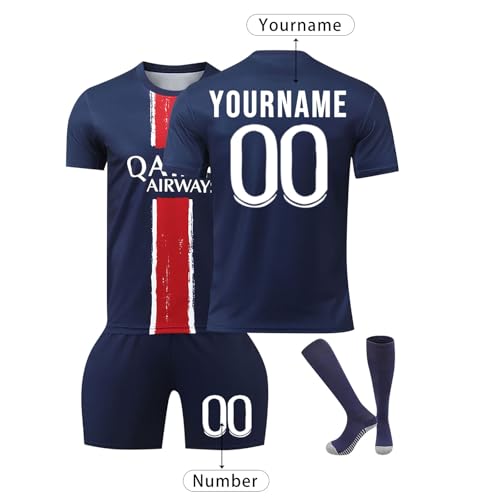 Paris Football Jersey Personalised with Name Number, PSG Football Training T-Shirt and Socks Set for Children and Adults