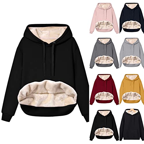 ladies winter jumpers Fleece Lined Hoodie for Women UK Warm Plush Lined Winter Sweatshirts Oversized Long Sleeve Thickened Teddy Tops Casual Drawstring Hooded womens oversized sweatshirt