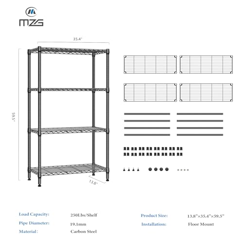 M MZG Metal Shelving Unit with 4 Levels, Load Capacity of 454 kg, Adjustable Shelves for Garage, Storage, Laundry and Kitchen, Study, Black, 35 x 90 x 151 cm