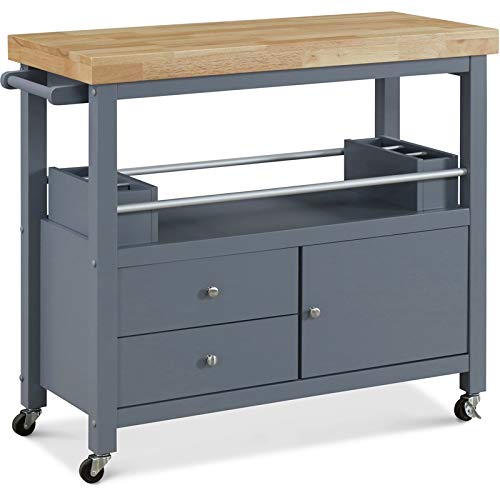 ClickDecorAnson Kitchen Island Bar Cart with Storage, Butcher Block Table, Rolling Wheels and Portable Cabinet Organization for Home Apartment Essentials, Gray