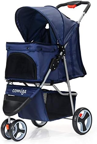 comiga Folding Pet Stroller for Dogs Cats, Three-Wheeled Animal Carrier Cage with Rain Cover Storage Basket and Mesh Window, Portable Waterproof and Breathable