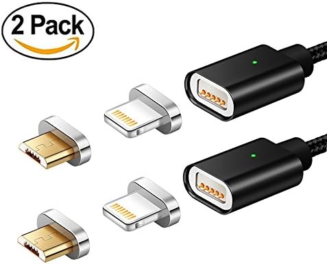 Elough 2 in 1 USB Metal Magnetic Data Cable, Micro USB&amp;Lighting Interface for iOS &amp; Android Systems, for iPhone 6s, 7, 8, for Samsung, Fast Charging &amp; Data Transmission USB Cable (black 2 pack)