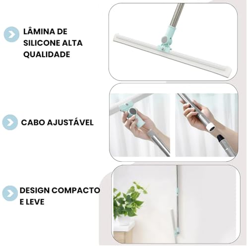Rodo e Vassoura Mágica 2 em 1 de Silicone, 1,40m, Articulado, Giratório 180°, Ajustável, Limpeza de Vidros, Pisos, Pelos de Pet, Janelas, Cabo Desmontável em Aço Inoxidável, Varre e Seca, Marca ATM