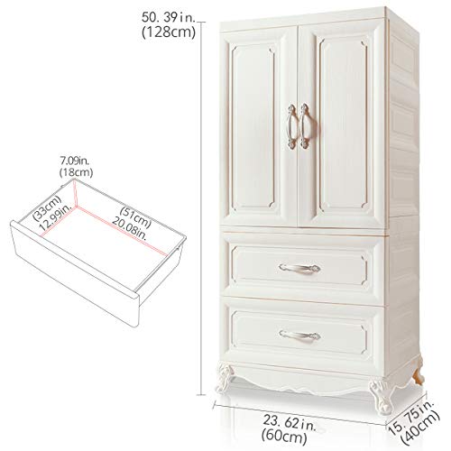 Nafenai Armoire Wardrobe Closet, 2-Door Cabinet Armoire with Drawers and Clothing Hanging Rod in White - Thumbnail 6