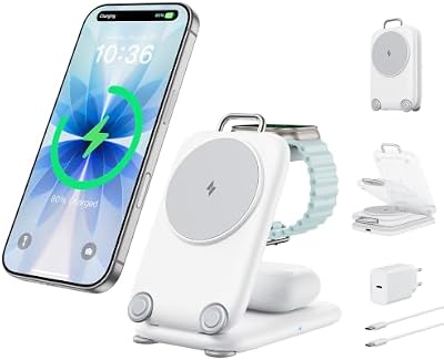 Magnetisch Ladegerät Kabellose Ladestation für Apple-Geräte, Faltbar 3 in 1 Ladestation Kompatibe mit i-Phone17 16 15 14 13 12 Series, Apple Watch Series und Air Pods 4 3 2 Pro