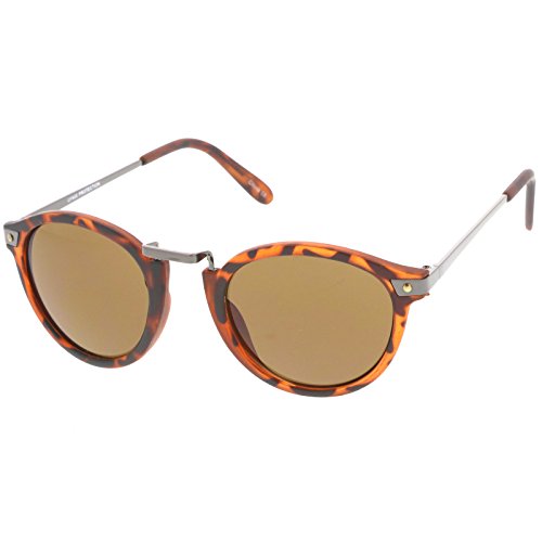 zeroUV - Retro Horn Rimmed Metal Nose Bridge P3 Round Sunglasses 50mm (Matte Tortoise-Gunmetal / Brown)